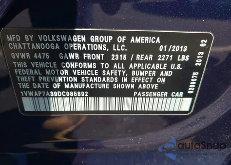 2013 Volkswagen Passat 2.5L S from USA, damaged, VIN 1VWAP7A39DC085892